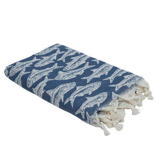Fouta jacquard coton 100x200 POISSON bleu jean
