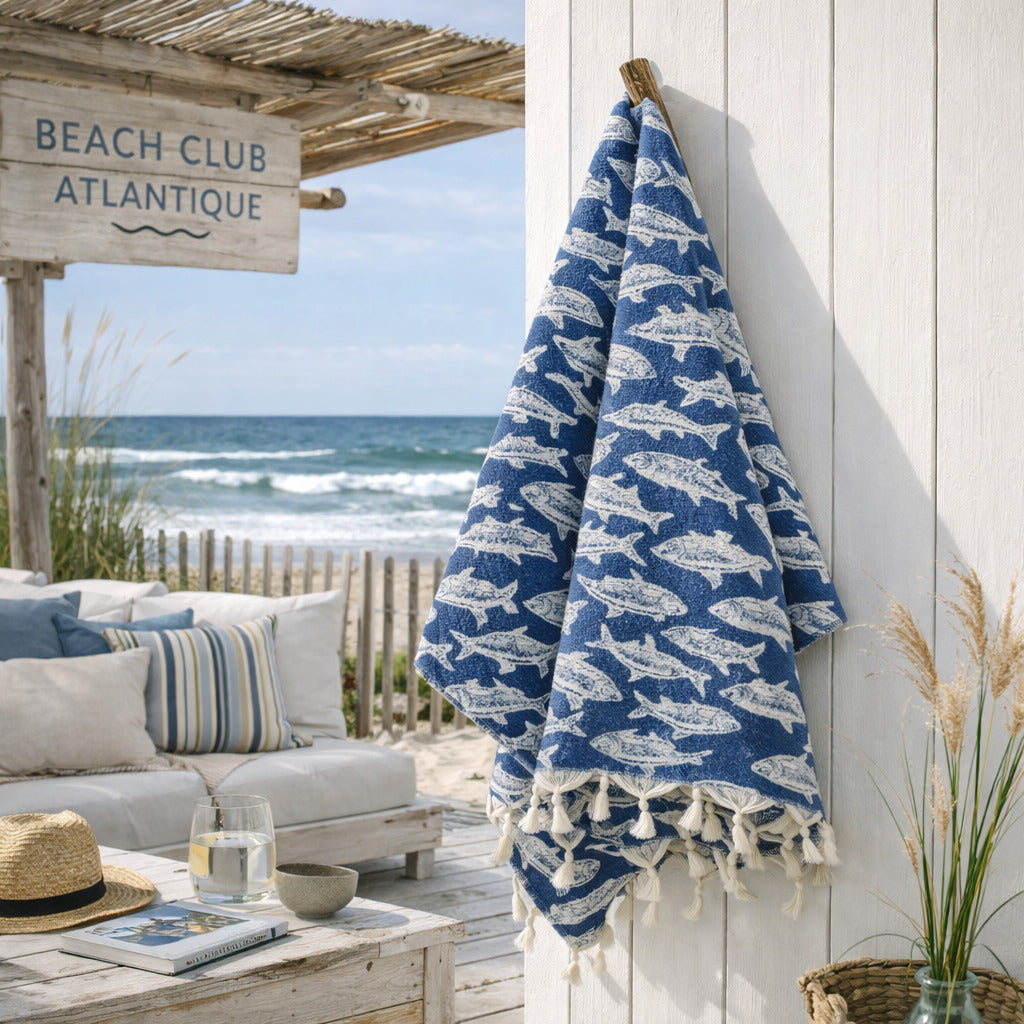 Fouta jacquard coton 100x200 POISSON bleu jean