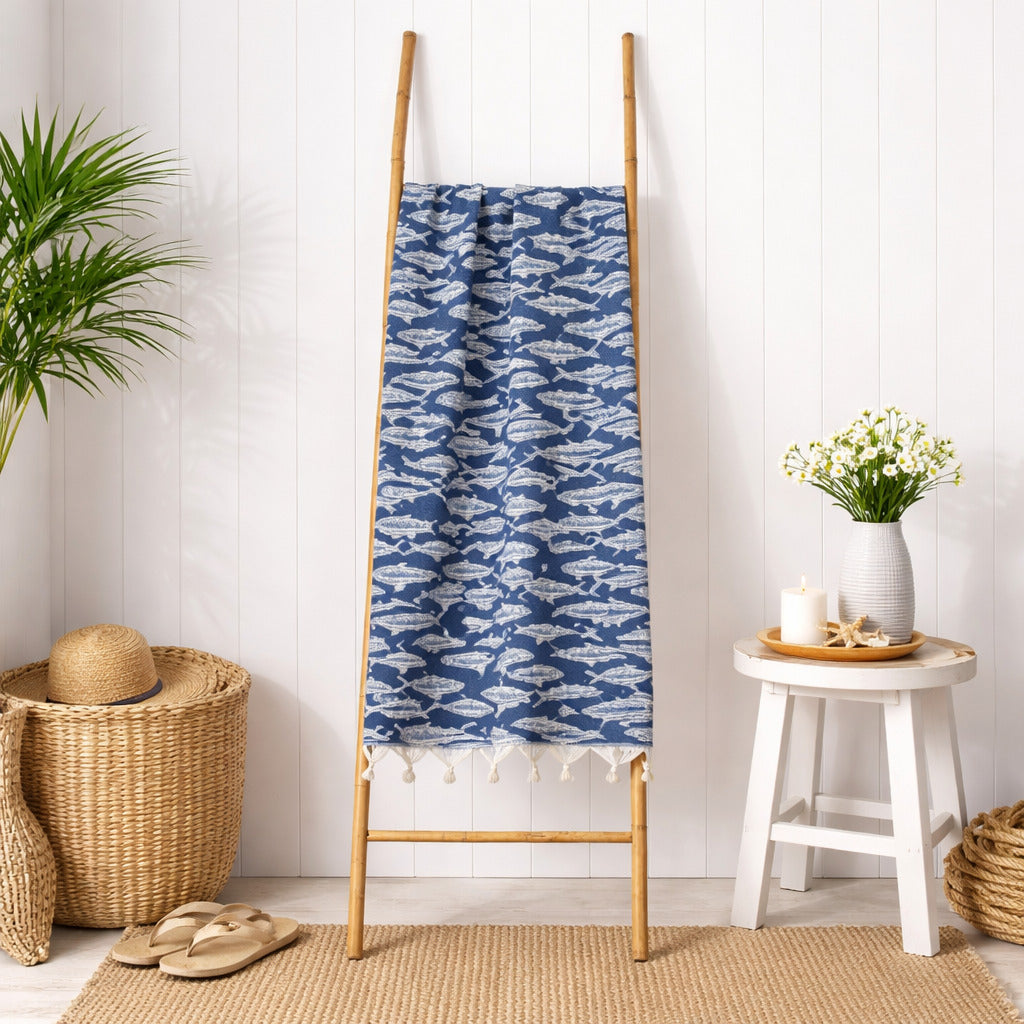 Fouta jacquard coton 100x200 POISSON bleu jean