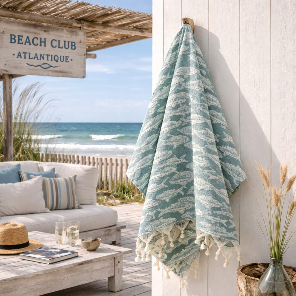 Fouta jacquard coton 100x200 POISSON vert sauge