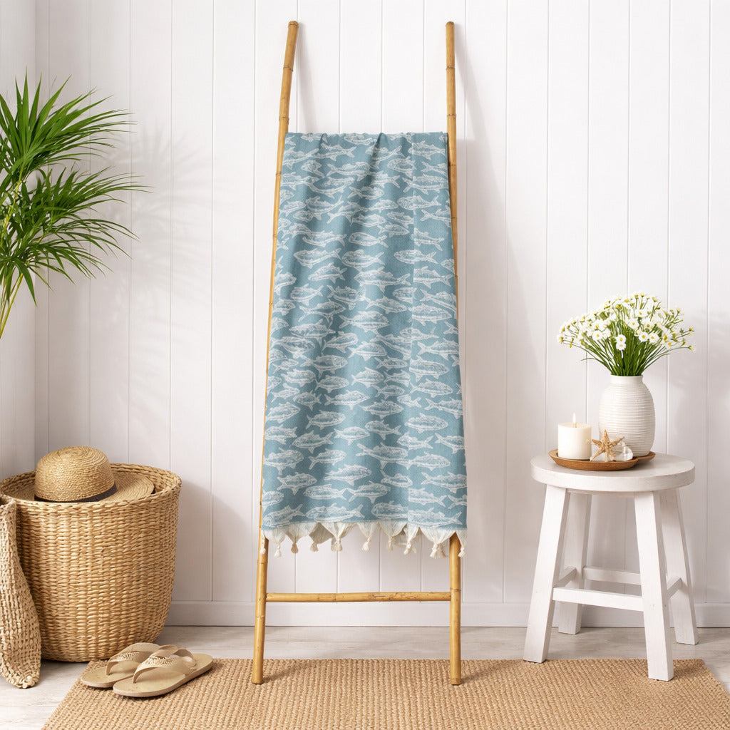 Fouta jacquard coton 100x200 POISSON vert sauge