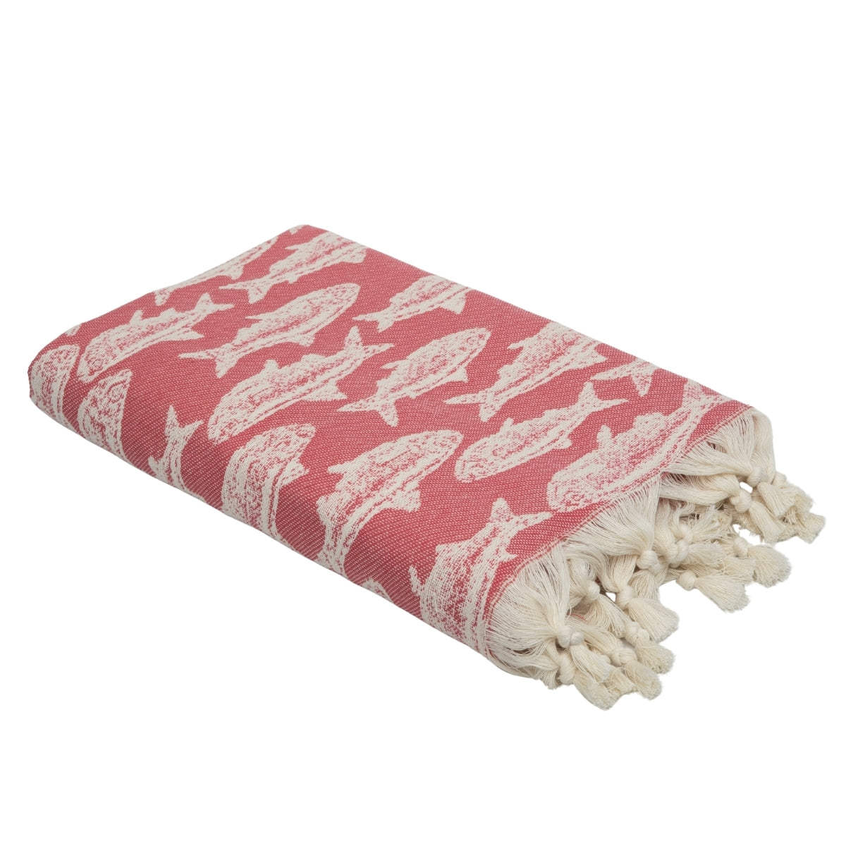 Fouta jacquard coton 100x200 POISSON rouge corail
