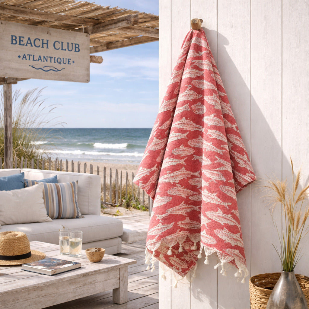 Fouta jacquard coton 100x200 POISSON rouge corail
