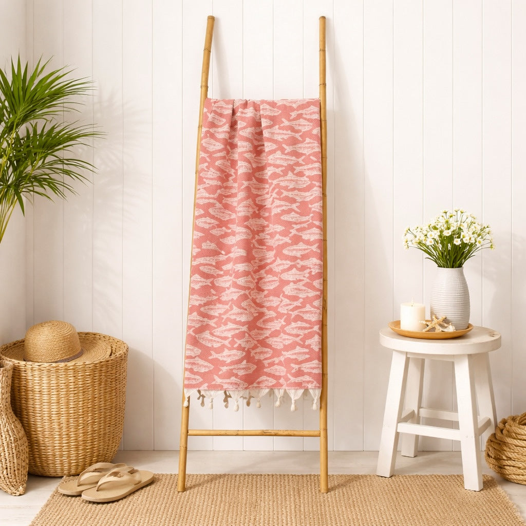 Fouta jacquard coton 100x200 POISSON rouge corail