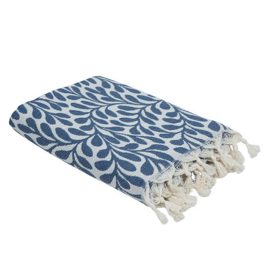 Fouta jacquard coton 100x200 FEUILLE bleu jean