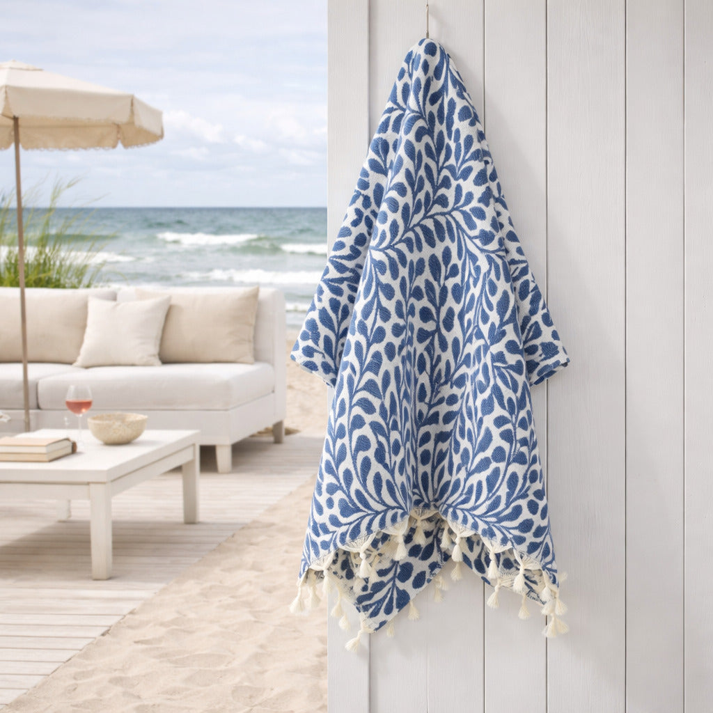 Fouta jacquard coton 100x200 FEUILLE bleu jean