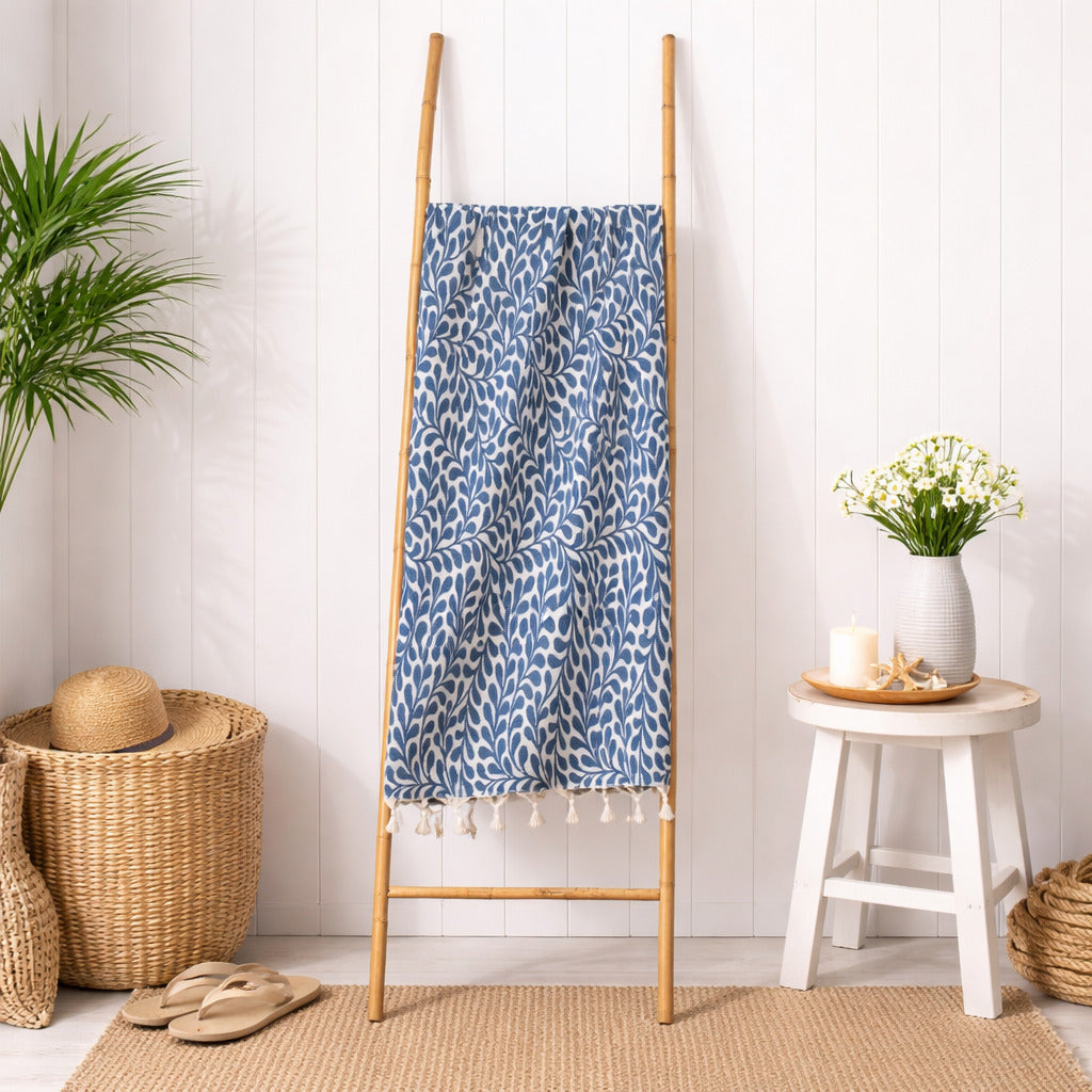 Fouta jacquard coton 100x200 FEUILLE bleu jean