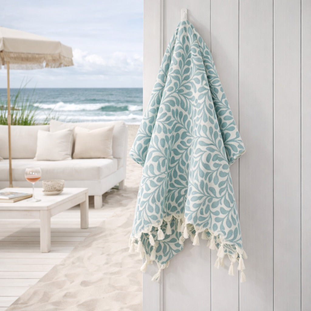 Fouta jacquard coton 100x200 FEUILLE vert sauge