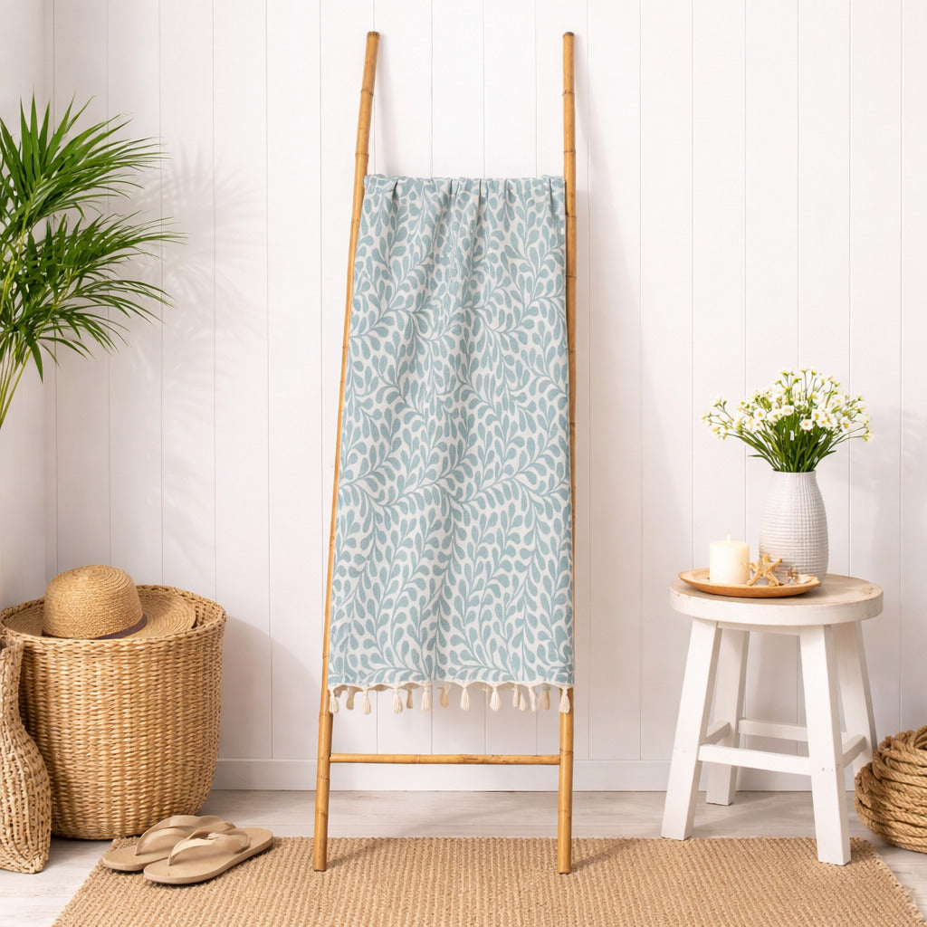 Fouta jacquard coton 100x200 FEUILLE vert sauge