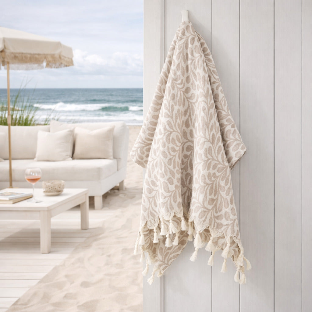 Fouta jacquard coton 100x200 FEUILLE taupe clair