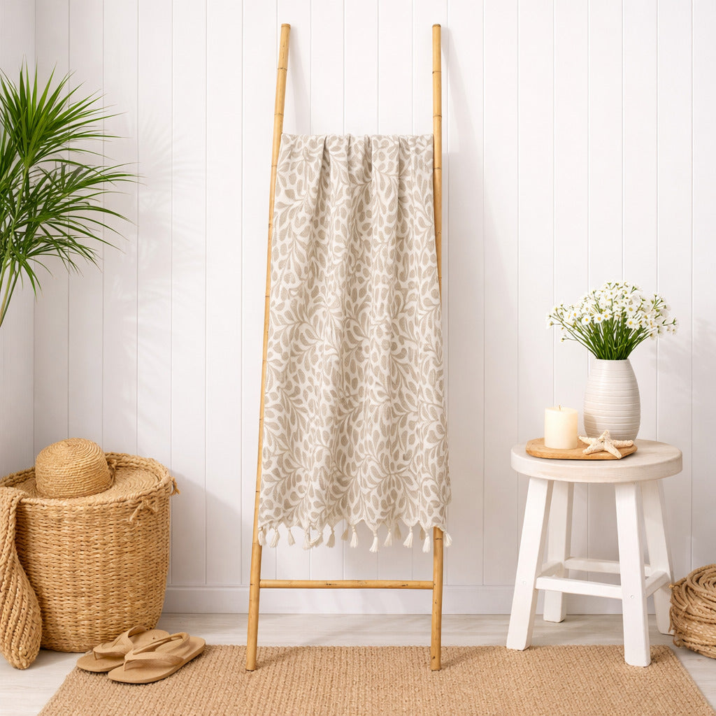 Fouta jacquard coton 100x200 FEUILLE taupe clair