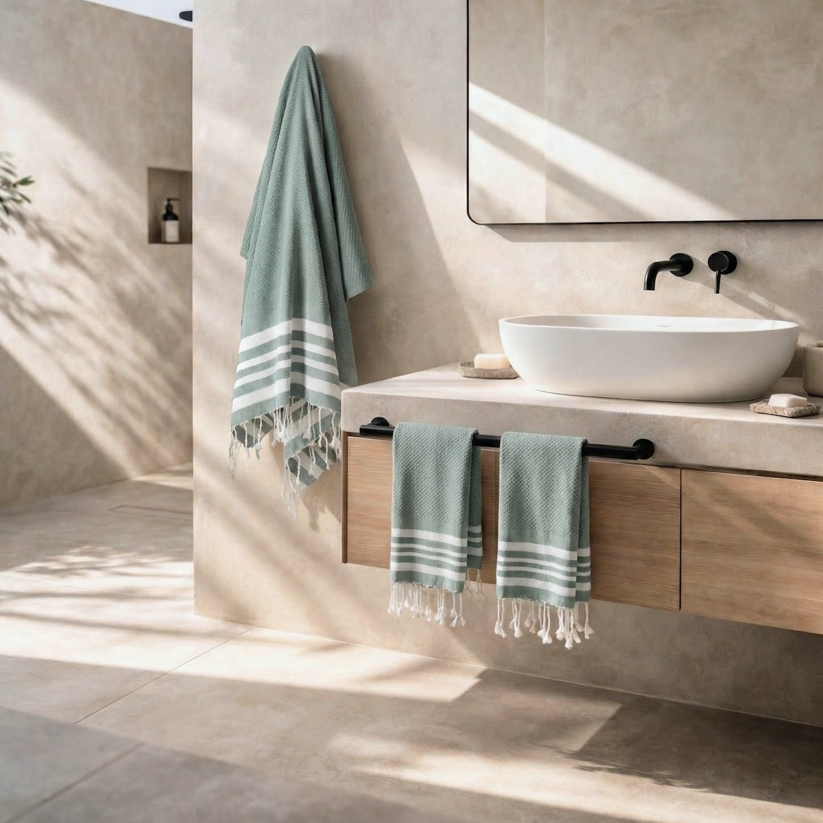 Foutas de bain (1+2) coton 100x200+2(40x60) HAMPTONS vert sauge