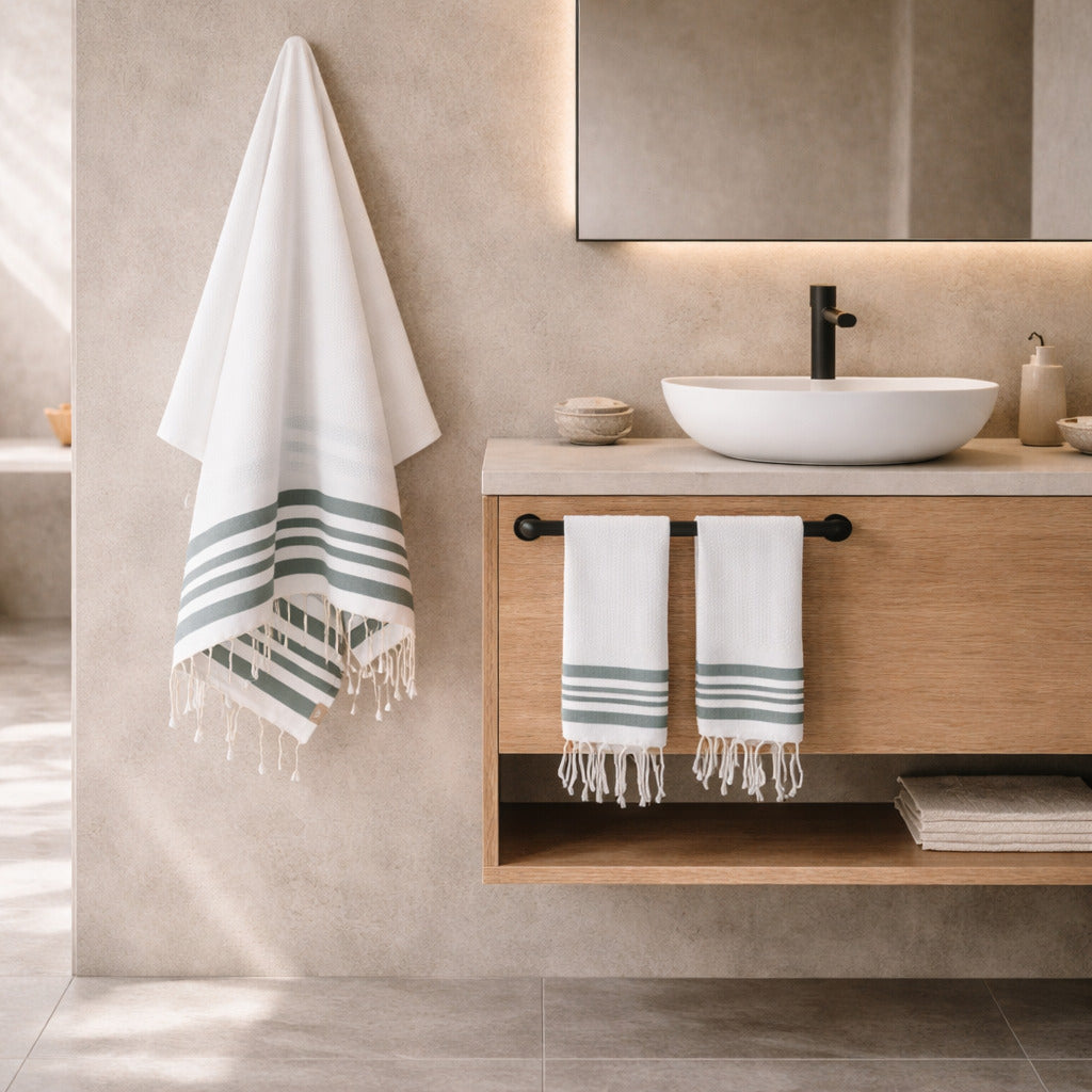 Foutas de bain (1+2) coton 100x200+2(40x60) HAMPTONS blanc / vert sauge