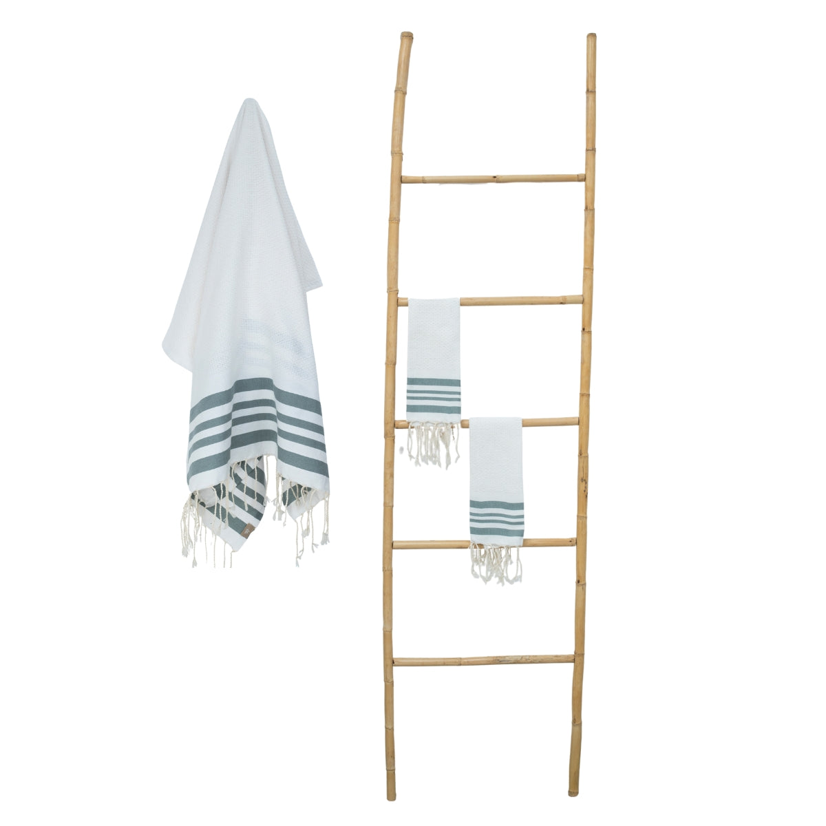 Foutas de bain (1+2) coton 100x200+2(40x60) HAMPTONS blanc / vert sauge