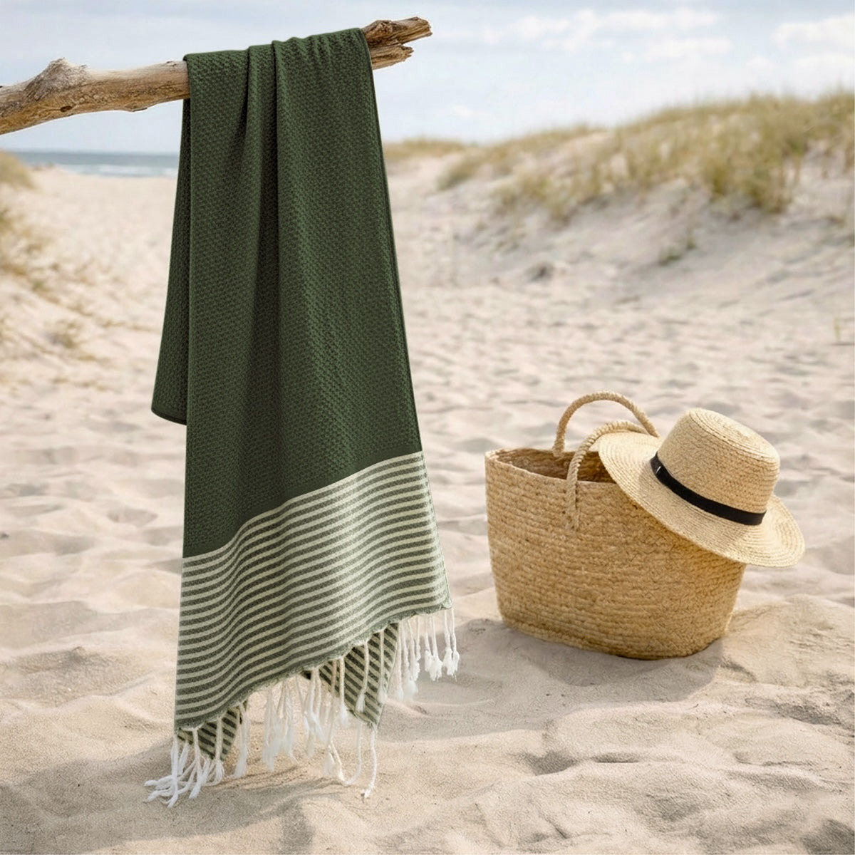 Fouta nid d'abeille coton 100x200 IBIZA Vert olive