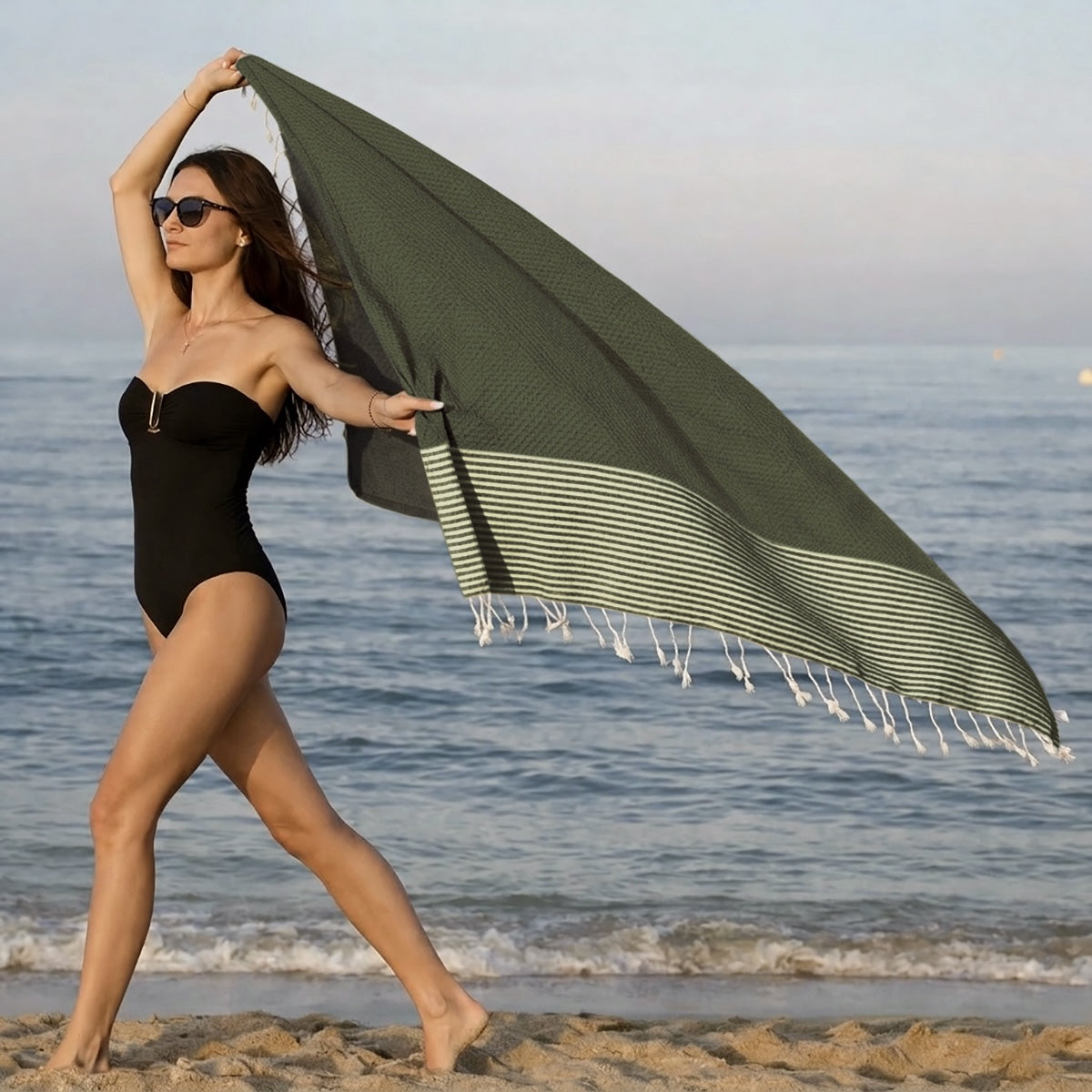 Fouta nid d'abeille coton 100x200 IBIZA Vert olive