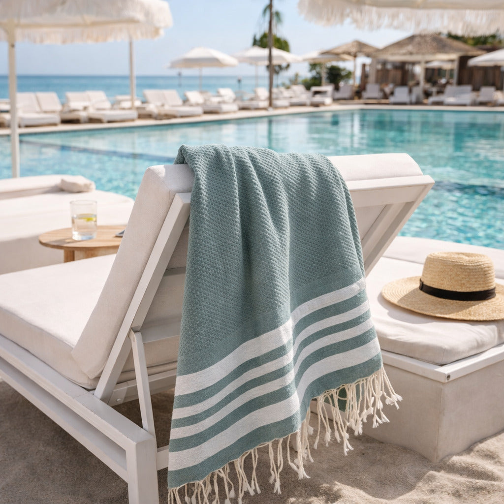 Fouta nid d'abeille coton 100x200 HAMPTONS vert sauge / argent