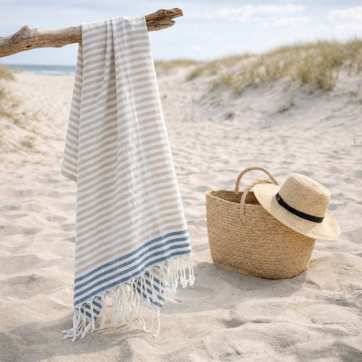 Fouta paréo coton 100x200 BORA BORA beige / bleu jean