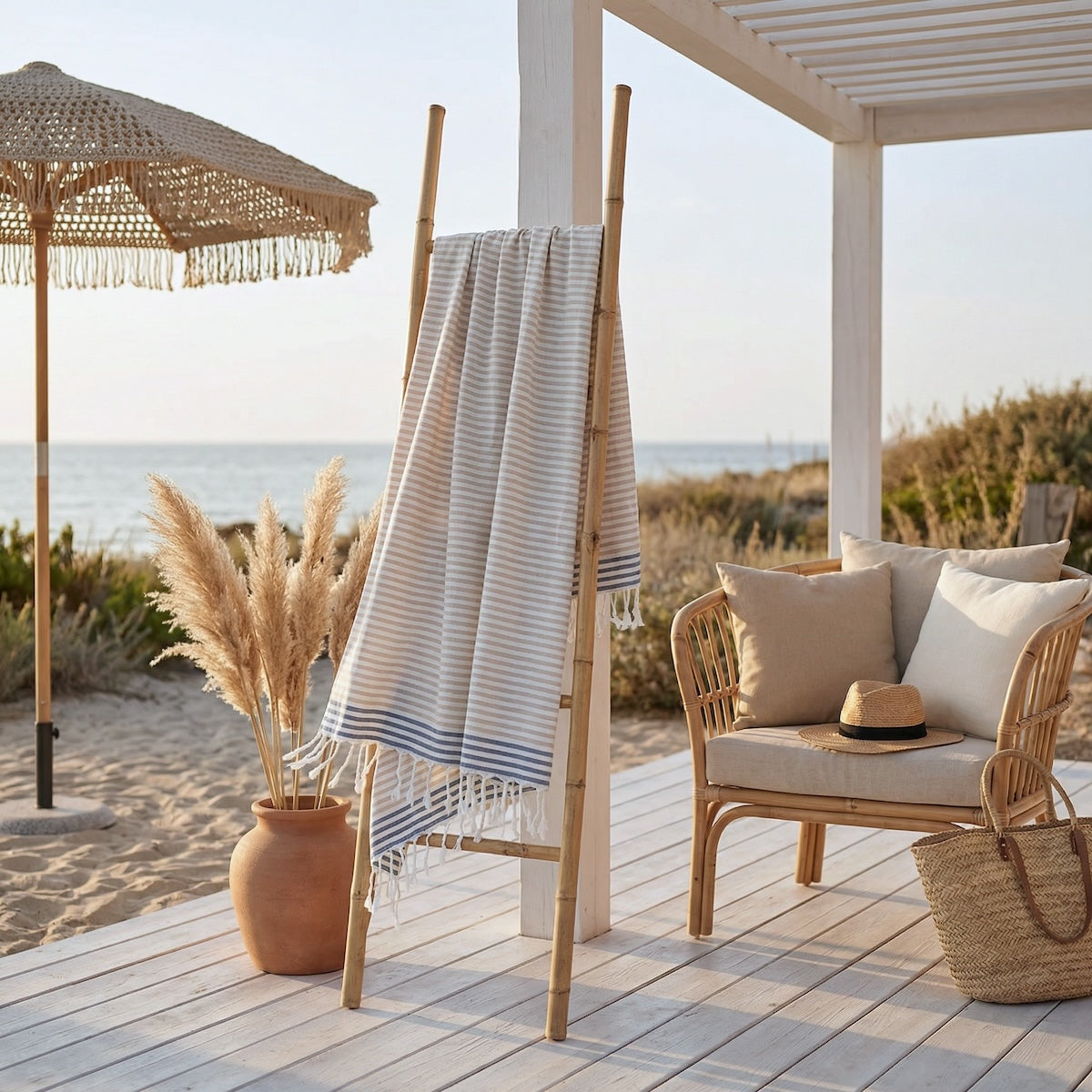 Fouta paréo coton 100x200 BORA BORA beige / bleu jean