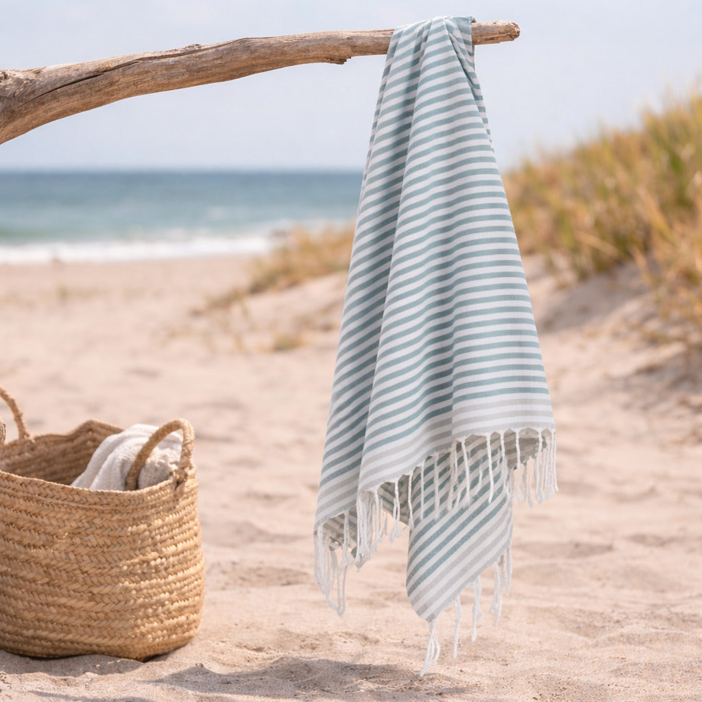Fouta paréo coton 100x200 BORA BORA vert sauge / gris perle