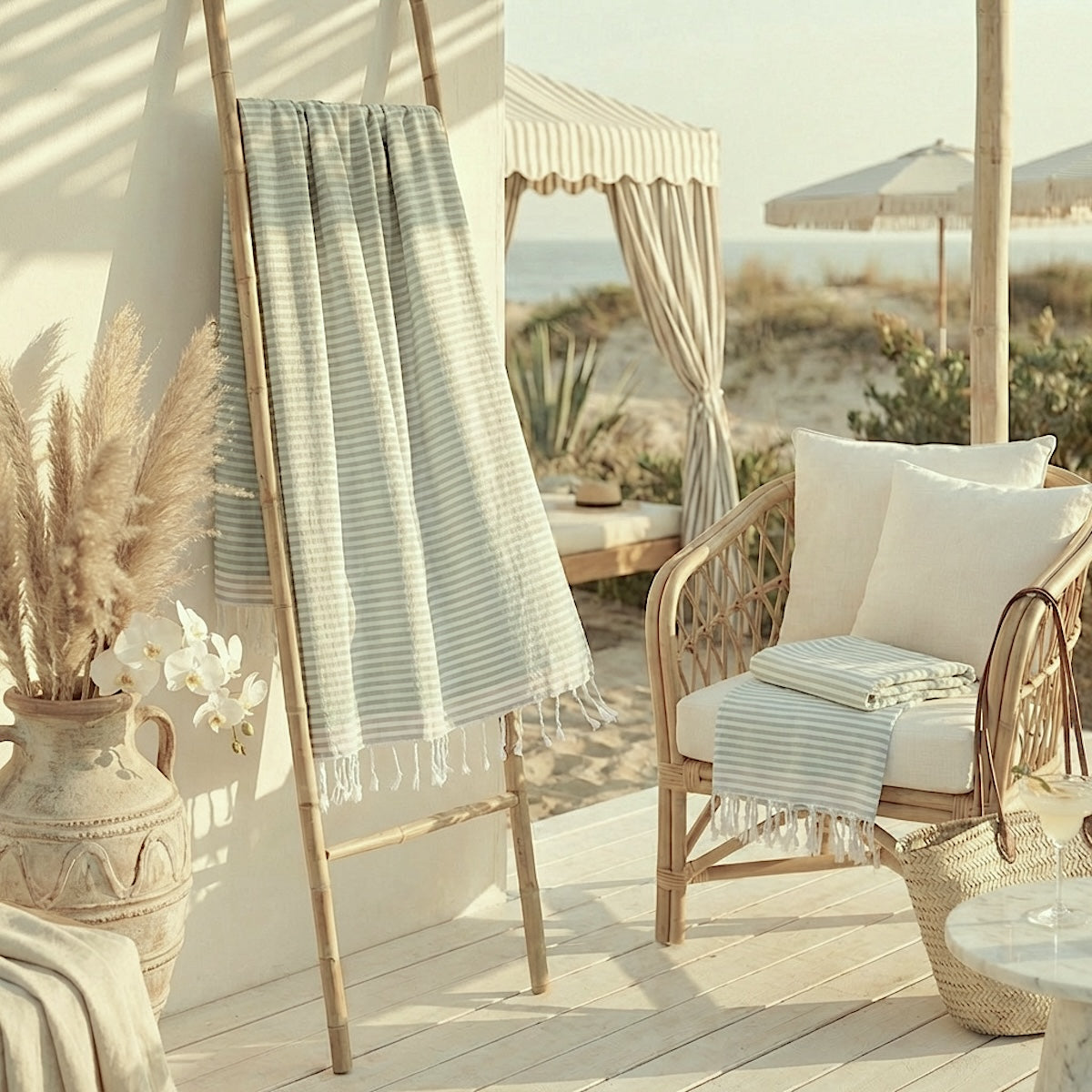 Fouta paréo coton 100x200 BORA BORA vert amande / taupe clair