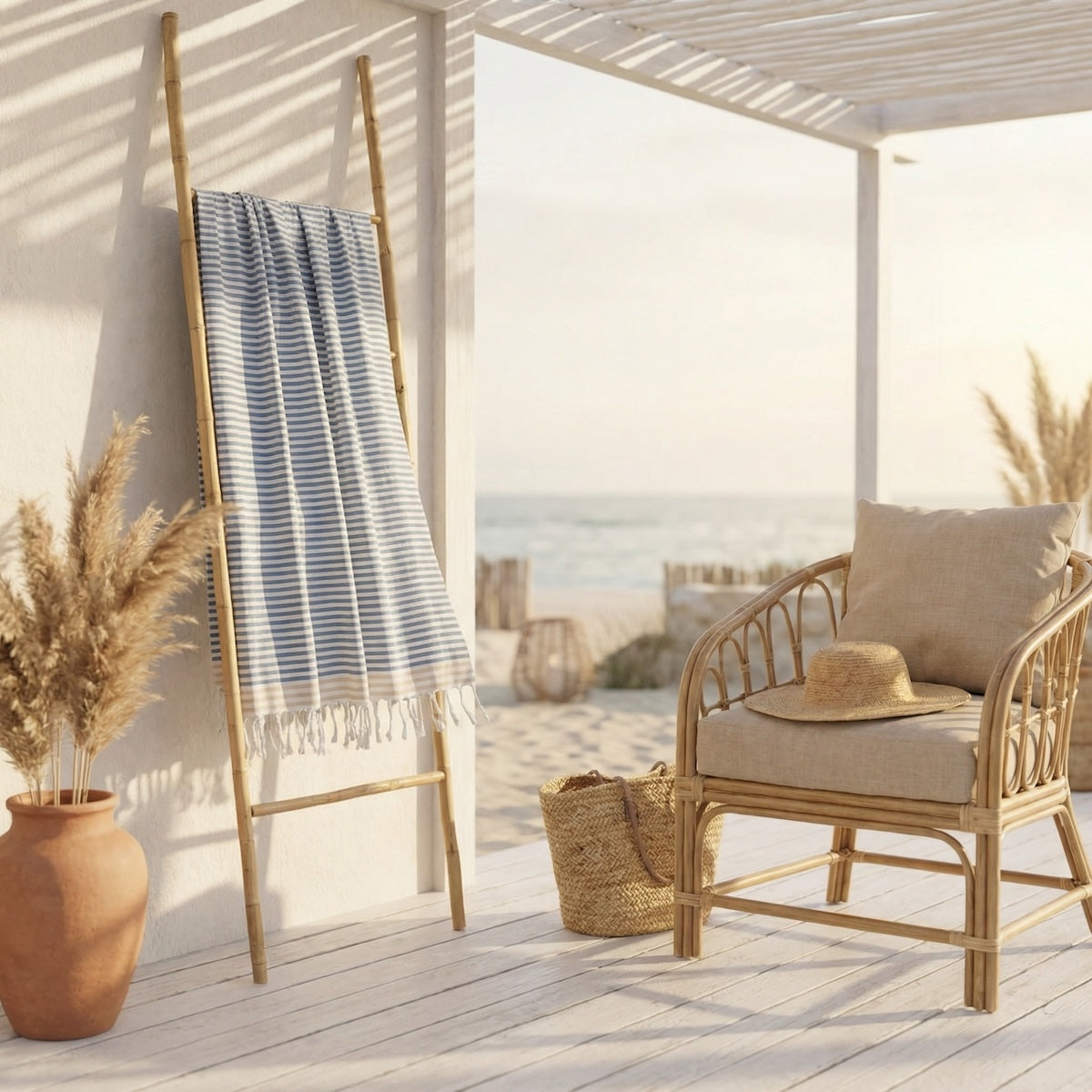 Fouta paréo coton 100x200 BORA BORA bleu orage / beige