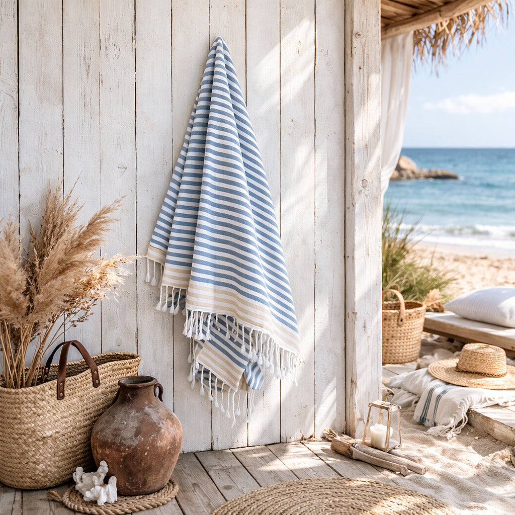 Fouta paréo coton 100x200 BORA BORA bleu orage / beige