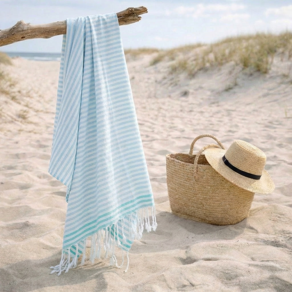 Fouta paréo coton 100x200 BORA BORA bleu pâle / vert turquoise