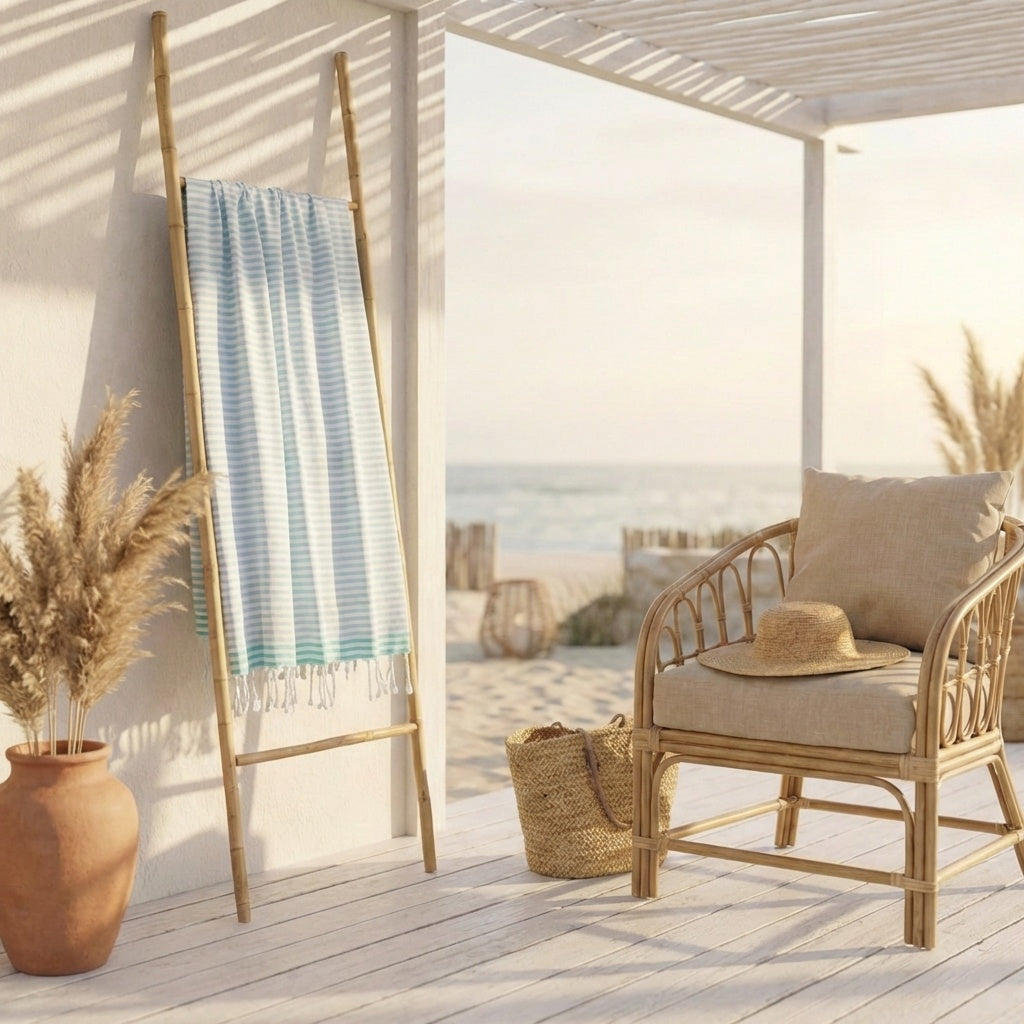 Fouta paréo coton 100x200 BORA BORA bleu pâle / vert turquoise