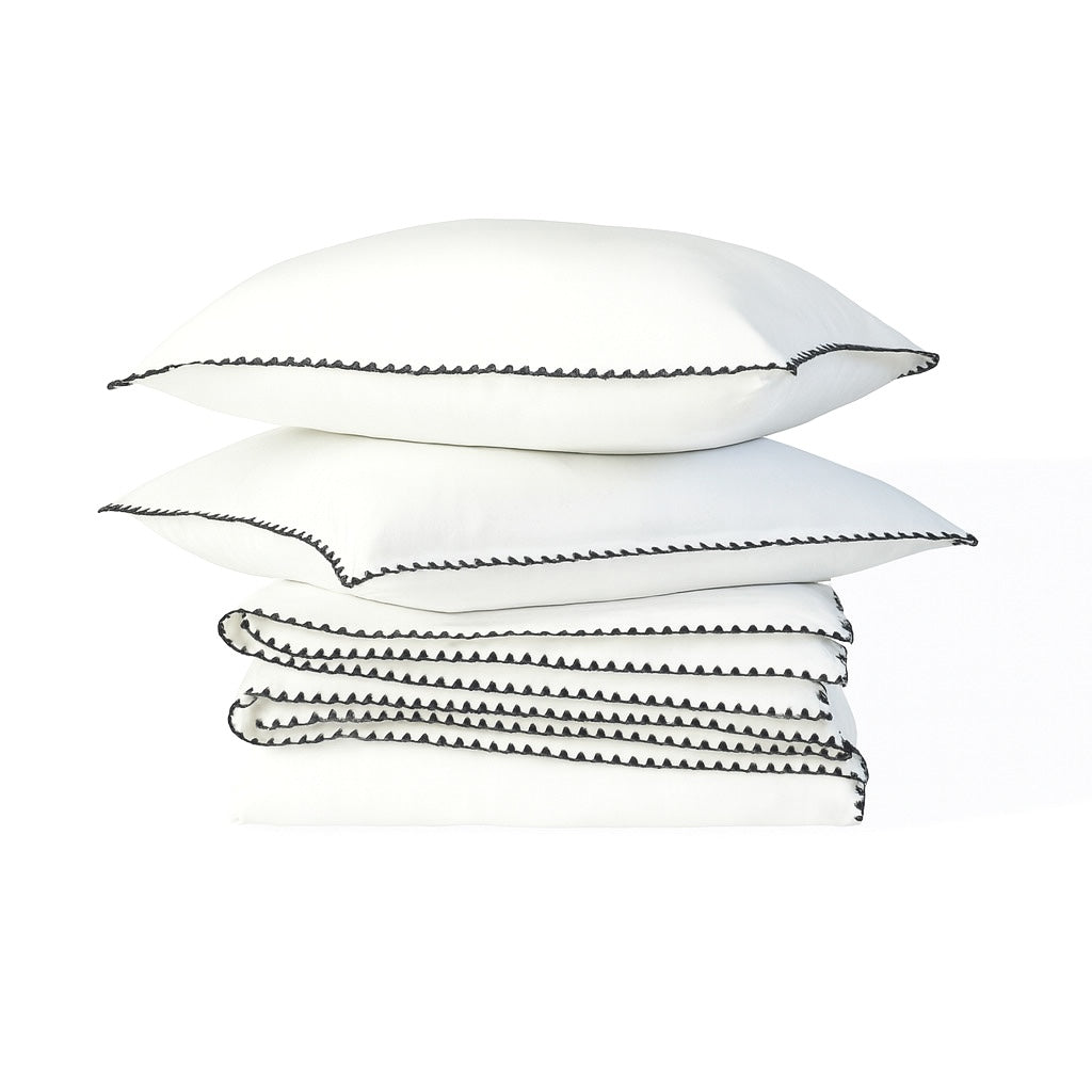 Parure + taies 65x65 percale de coton blanc / noir ZOÉ - 240x220+2(65x65) cm