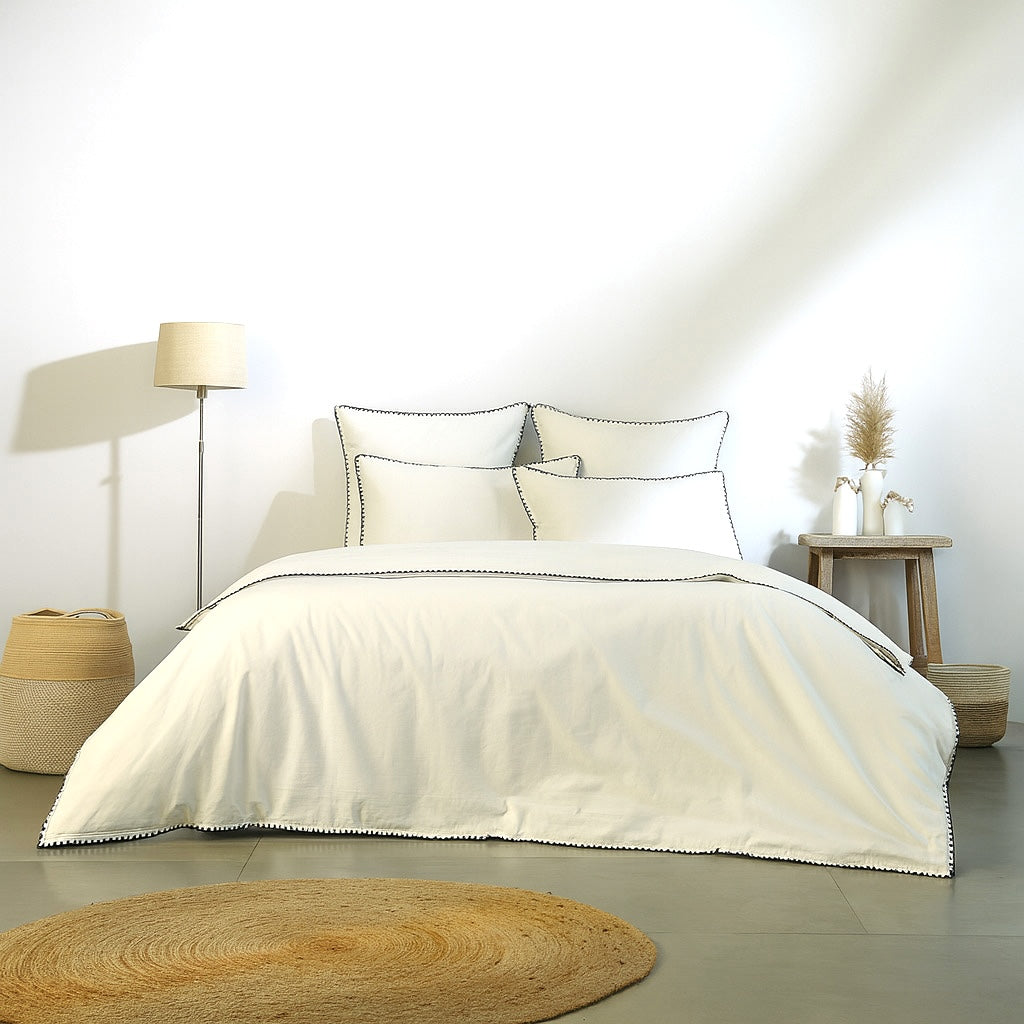 Parure + taies 65x65 percale de coton blanc / noir ZOÉ