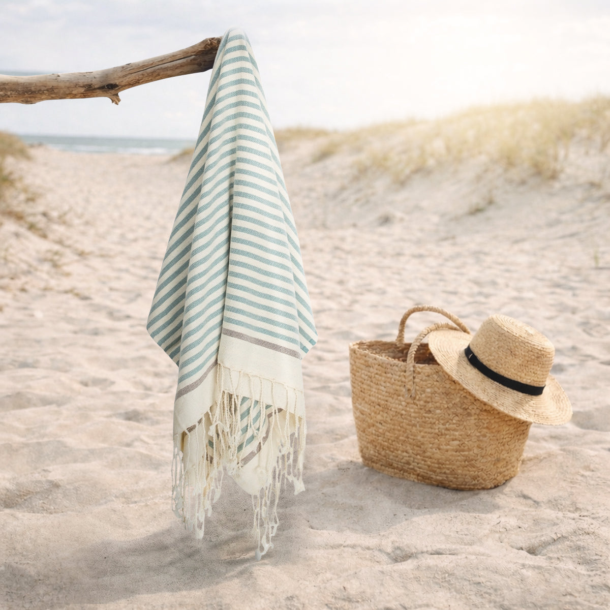 Fouta coton 100x200 BIARRITZ vert d'eau / taupe