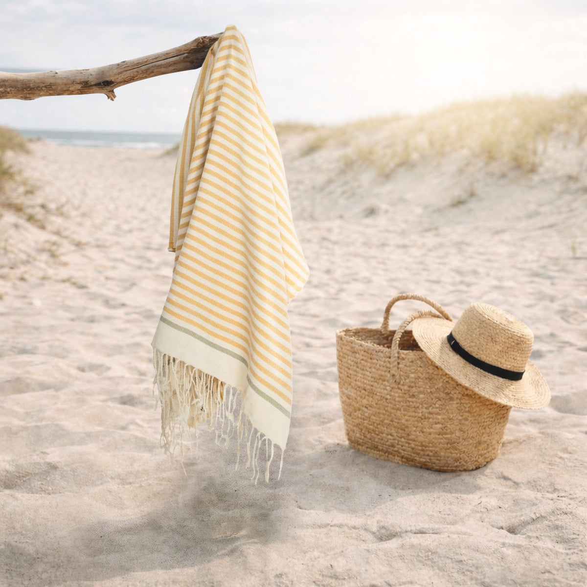 Fouta coton 100x200 BIARRITZ jaune moutarde / tilleul