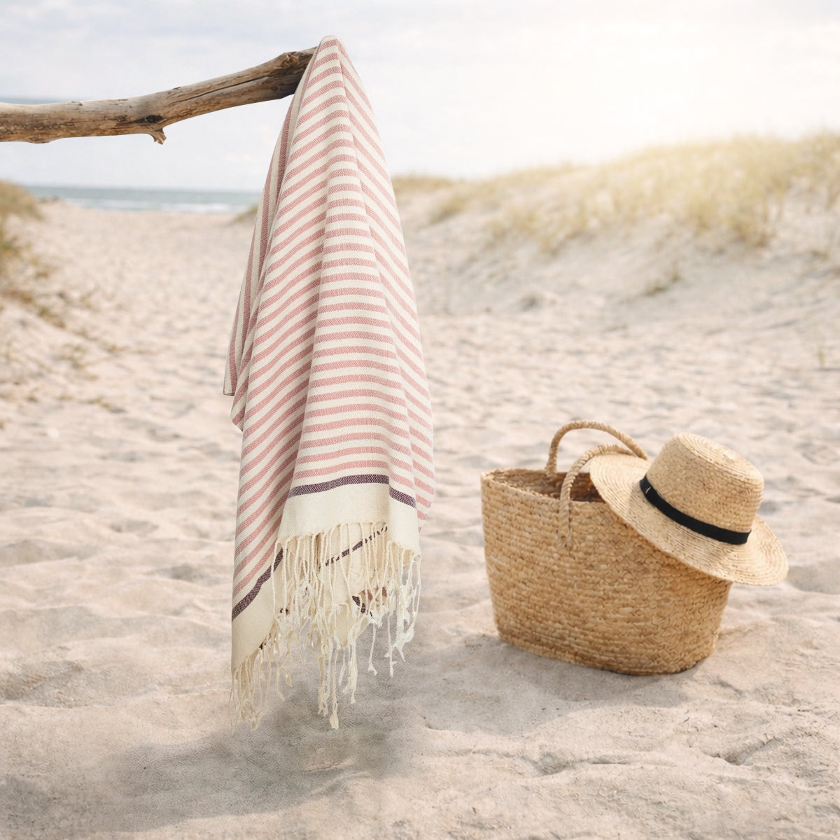 Fouta coton 100x200 BIARRITZ rose poudré / prune