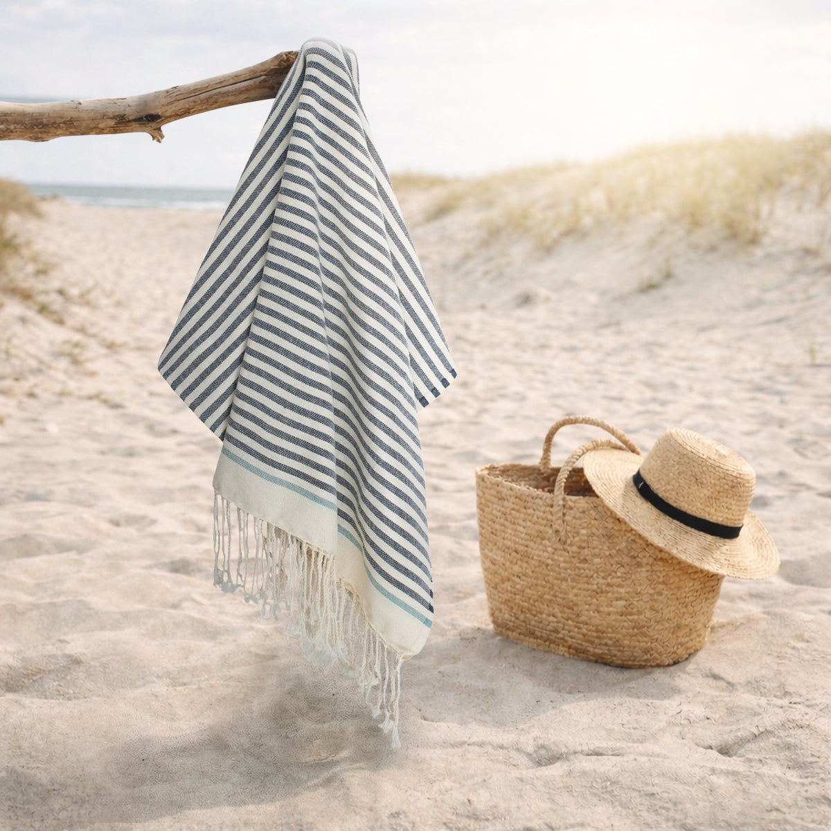 Fouta coton 100x200 BIARRITZ denim / vert d'eau