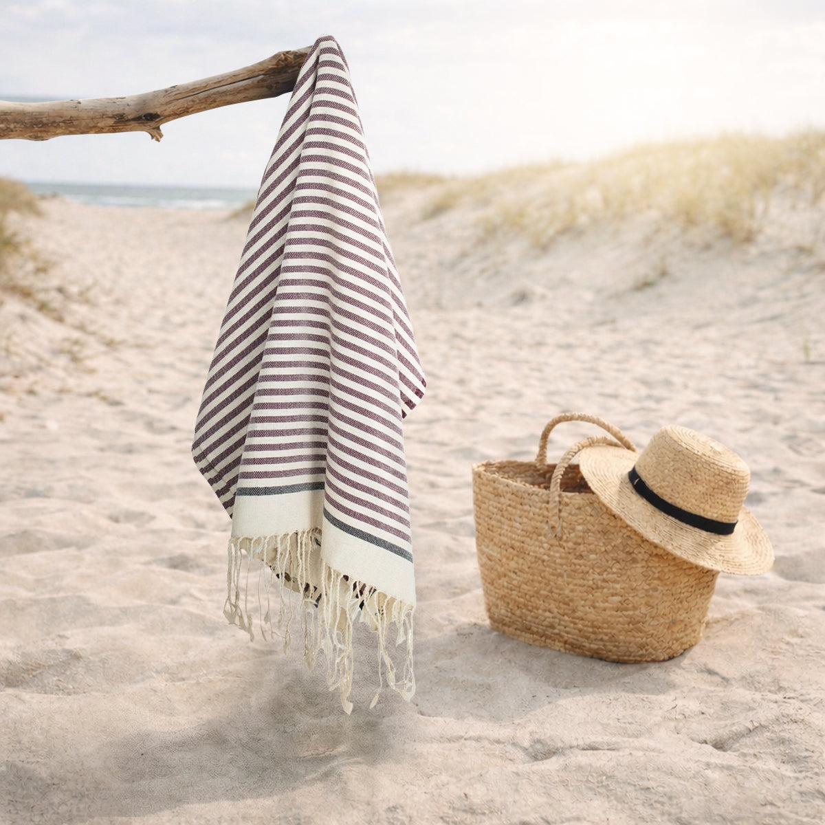 Fouta coton 100x200 BIARRITZ prune / noir