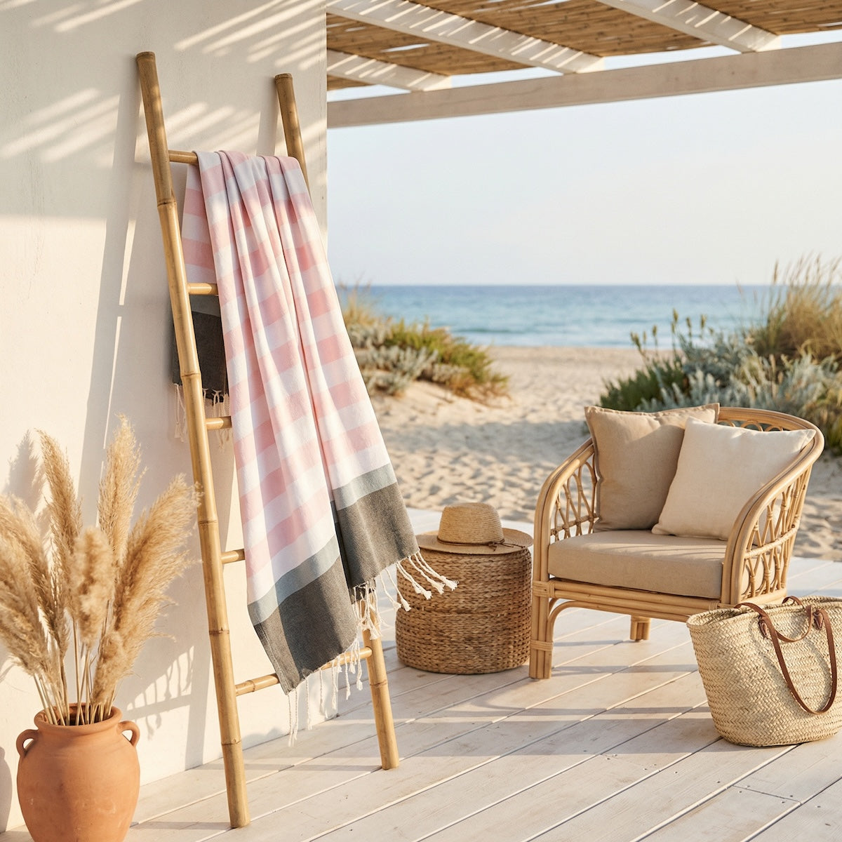 Fouta tricolore coton 100x200 ARCACHON rose pâle / sauge / kaki