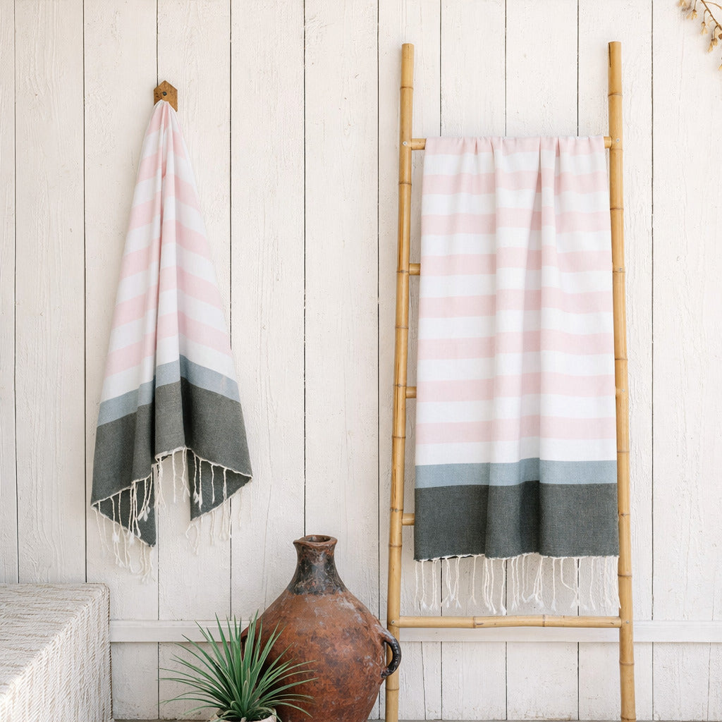 Fouta tricolore coton 100x200 ARCACHON rose pâle / sauge / kaki
