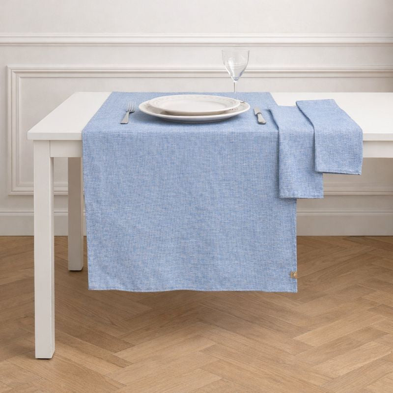 Chemin de table + 4 serviettes coton 50x150 COLETTE - bleu grec